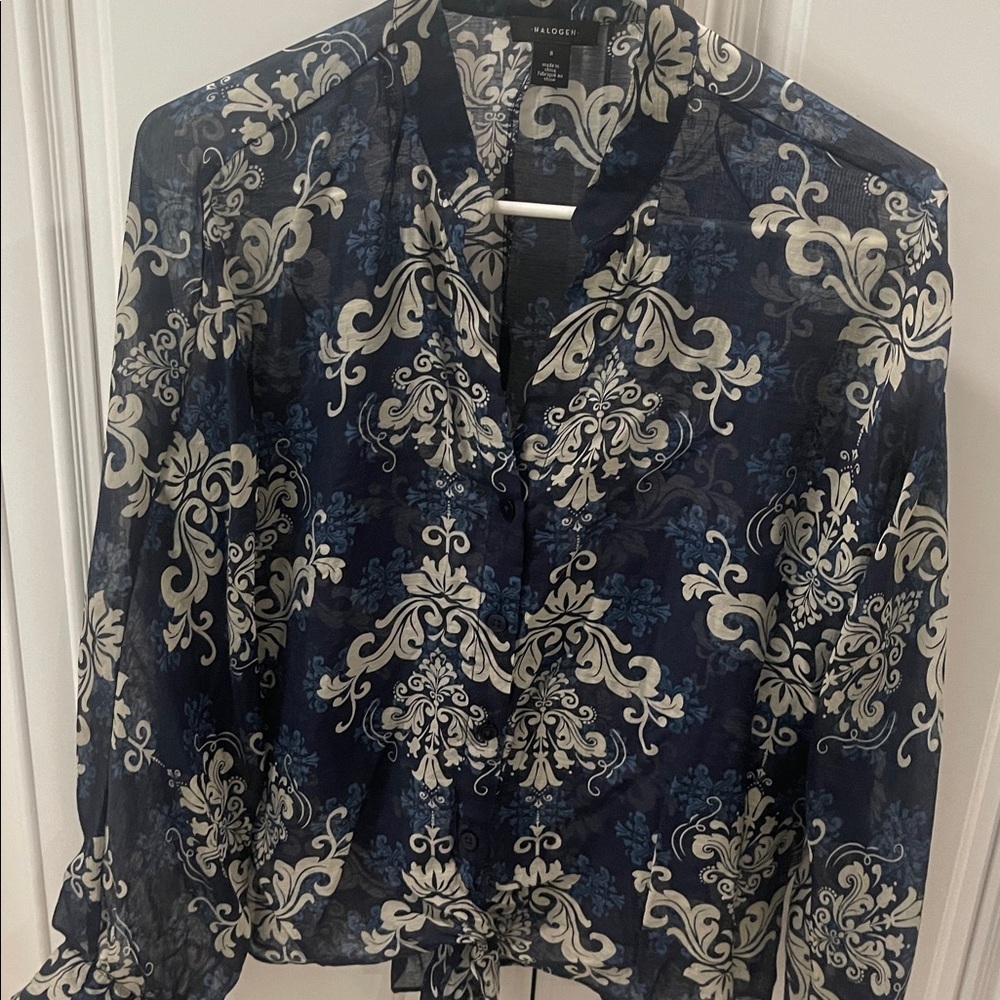 Halogen long sleeve blue sheer paisley button front tie waist top blouse Small - Picture 2 of 16